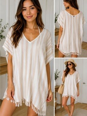 Billabong Ivory Gauze Swimwear Cover Up S/M | Fringe Hem Boho Beach Kaftan
